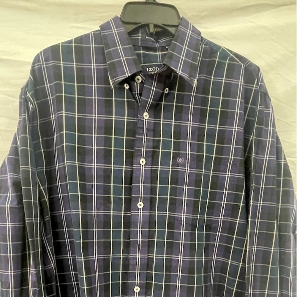 IZOD Mens Large Blue Purple Plaid Easy Care Long Sleeve Button Down Shirt